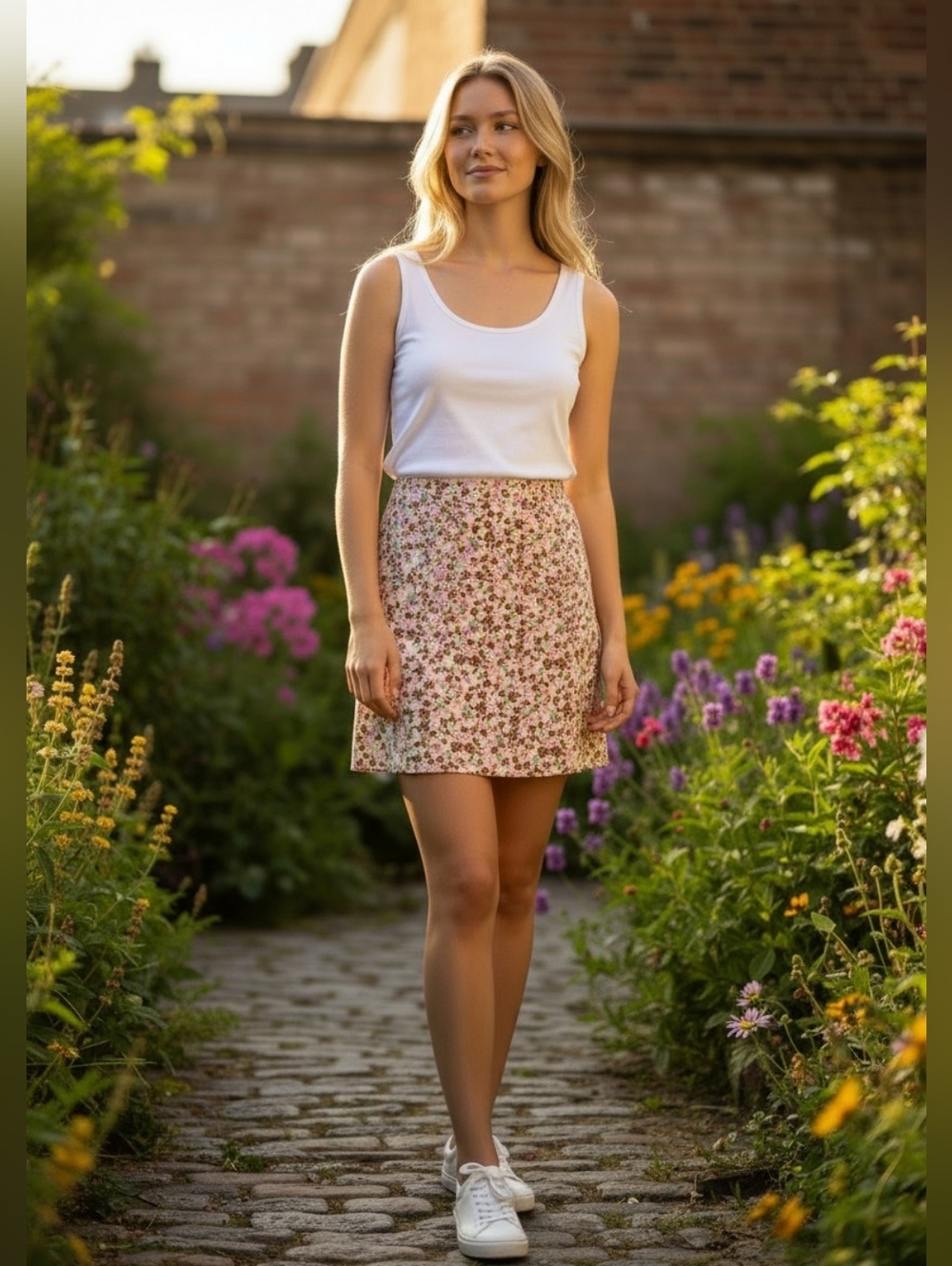 Mango Cream Mini Skirt with Brown & Pink Floral Print